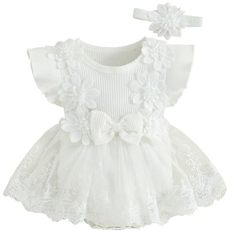 AIEOE Niña 2 Piezas de Vestido Conjunto Mariposa Sin Mangas Vestido de Princesa y Cinta Rompecabezas de Bebé para Fiesta Bautizo Ceremonia, Color blanco., 0-3 Meses