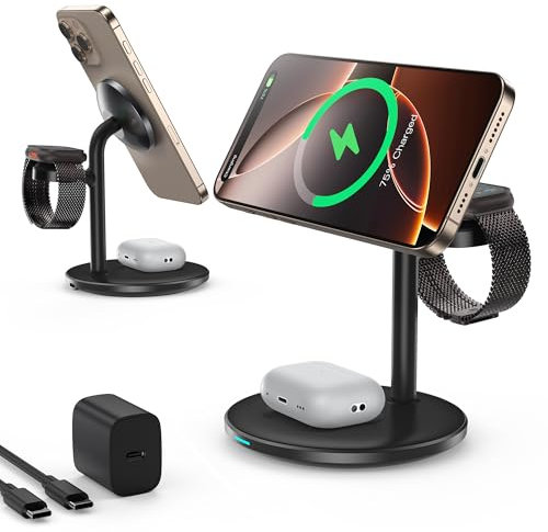 Station de Charge à Induction, Chargeur de Station de Charge sans Fil Trois en Un, Compatible avec Le Chargeur Mag Safe, Convient pour iPhone 16 15 14 13 12, iWatch S10/9/8/7/6/5/4-Noir