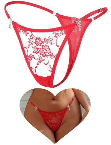 ohyeahlady Women G-Strings Thongs Cotton Crotch Tangas Briefs Sexy Micro Thongs Plus Size Lace Floral Knickers Soft Hipster Panties Red M