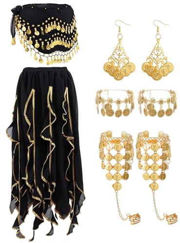 Haysandy 8 Pcs Belly Dance Outfit Sets Women,Belly Dance Skirt, Hip Scarf, 2 Bracelets, Earrings, Anklet Bracelet(Black)