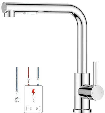 FORIOUS Niederdruck-Küchenarmatur, Einhebel-Warm- und Kaltwasserhahn, Wasserhahn mit 3 anschluessen fuer boiler, geeignet für Boiler und Untertischboiler, Gepolijst Chroom