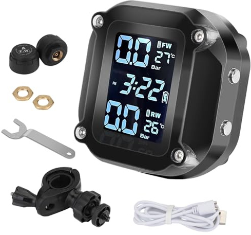 Generico di Monitoraggio Pneumatici - Rilevatore per Moto con Display LCD | Controllore della Pressione dei Gommi Moto | Misuratore Impermeabile A Reale con Sensore Esterno per Scooter Quad Sicur