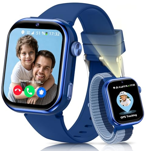 Smartwatch Kinder mit GPS und Telefon, Kinderuhr mit SIM, Videoanrufe, Sprachchat, Schulmodus, SOS SMS Schlafmonitor, IP68 Wecker Schrittzähler Taschenlampe Kinder Smartwatch für Mädchen Jungen, Blau