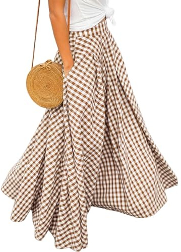 Generale Gonna Maxi Tartan Donna 2026 Vichy Vita Alta A-Linea, Gonna Lunga Plissata Svasata Estate a Quadri(Brown,S)