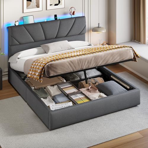 DICTAC 5ft King Size Ottoman Bed with LED Lights – 890L+ Storage, Hydraulic Lift-Up, 52cm Dual‑Zone Upholstered Headboard, Charging Station, Adjustable Height, Grey
