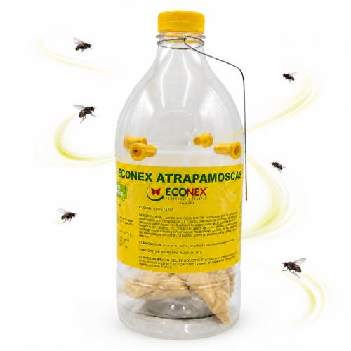 Trampa para Moscas Exterior con Atrayente Muy EFICAZ – Kit Atrapamoscas Ecológico con Recipiente 1 L + 2 Bolsas Hidrosolubles 20 g, Duración hasta 60 Días, Jardín, Patio, Terraza | Nexum Market