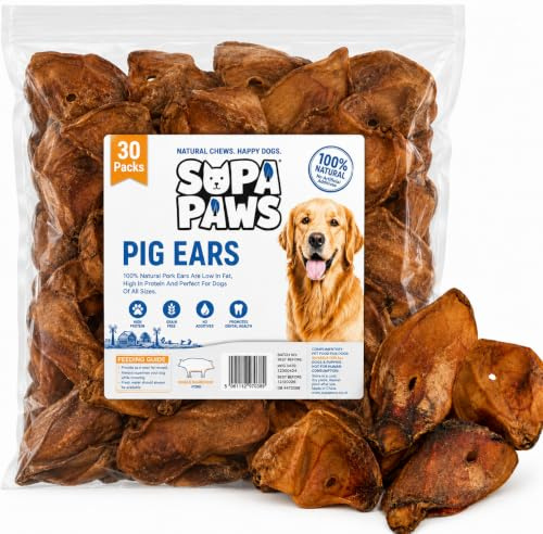 Supa Paws 30 Pack Large Pig Ears for Dogs, 100% Natural Air Dried Pork Ears, High Protein Aids Muscle and Tissue Repair Dog Treat, Grain Free Chew Dog Snacks Perfect Alternate of Beef Ears