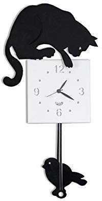 Arti & Mestieri Hunter Cat - Orologio da Parete con Pendolo di Design 100% Made in Italy - in Ferro, 26 x 7 x 49 cm - Nero Goffrato