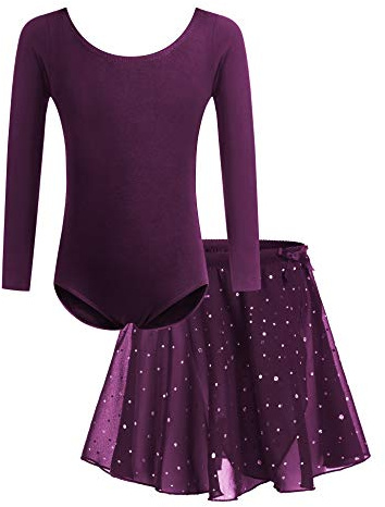 Bricnat Mädchen Ballettkleidung Kinder Ballettkleid Tanzbody Gymnastikanzug Balletttrikot Langarm Tanzkleid mit Tütü Kinder Baumwolle Lila 140
