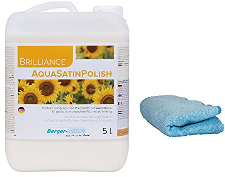 Berger-Seidle Brilliance Aqua-Satin Polish 5 Liter Reinigungs- und Pflegemittel für geölte und geölte/gewachste Holzfußböden + Poliertuch