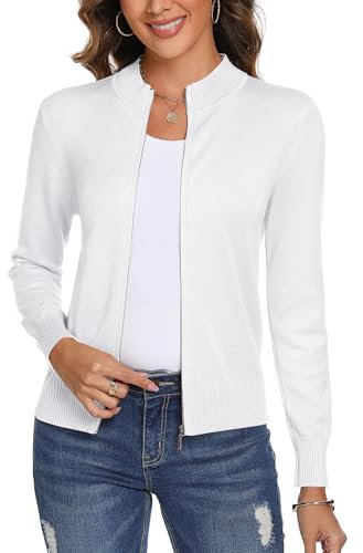 Aottori Damen Langarm Stehkragen Strickjacke Pullover Cardigan mit Reißverschluss Sweatshirt Casual Einfarbig Strickmantel Freizeit Jacket Outerwear Weiß L