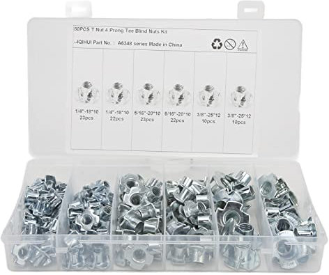 110 Stück 1/4 Zoll 5/16 Zoll 3/8 Zoll Einschlagmuttern mit 4 Einschlagspitzen, Kohlenstoffstahl Verzinktes 4 Krallen T Muttern Einschlaggewinde Set Einsätze für Möbel, Holzbearbeitung