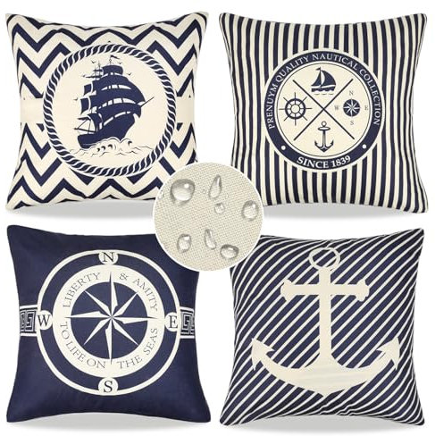 Waterproof Cushion Covers 45x45cm Pack of 4 Outdoor Garden Summer Nautical Pillow Case Anchor Navigation Sailboat Pattern Pillowcase Linen Decorative Throw Pillow Covers for Sofa Couch (Blue Stripes)
