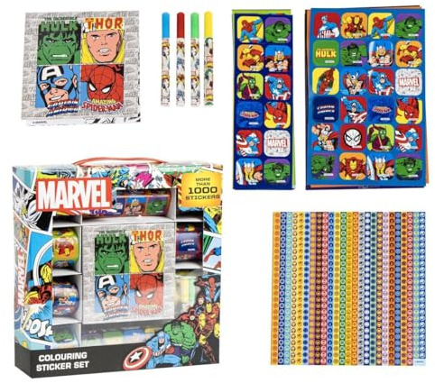 Marvel Sticker Set - Enthält 1000 Sticker in Verschiedenen Größen - Perfekt für Scrapbooking - Farbig und Schwarz-Weiß - Original Produkt in Spanien Designed