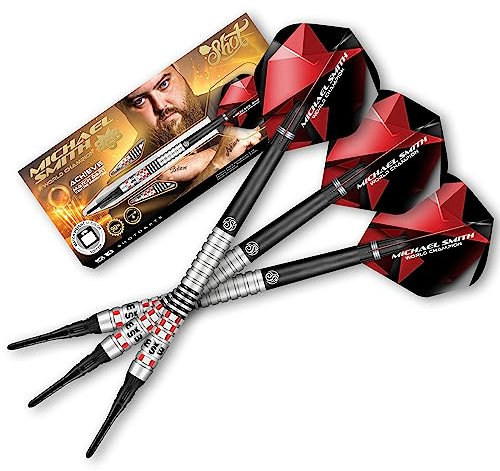 Shot! Soft Darts | Michael Smith | Bully Boy Achieve | 90% Tungsten Softtip Darts | Softdart | Hochwertige Tungsten Dartpfeile Set mit Schäften und Flights | Made in Neuseeland | 20 Gramm