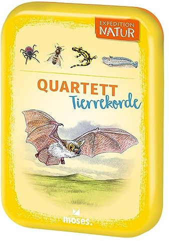 moses. Expedition Natur Quartett Tierrekorde, Kartenspiel für Kinder, Reisespiel in kompakter Blechdose für unterwegs, Kinderspiel ab 8 Jahren, Yellow
