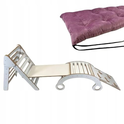 Montessori Pikler-Dreieck Kletterdreieck mit weichem hellgrauen Kissen mit Rutsche und Wippe Pikler-Dreieck Holz-Klettergerüst für Kinder Rutsche faltbar Indoor Kinderwippe Kinderspielplatz