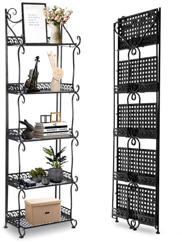 Warmiehomy 5 Tier Metal Storage Shelves Foldable Kitchen Storage Unit Shelving Units for Storage, Space Saving Folding Shelves Plant Stand Pan Rack Corner Unit for Kitchen Garden Patio