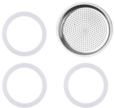 Guarnizione e filtro universali riservati al caffè per ricambi moka (3 anelli di fissaggio in silicone + 1 filtro in acciaio)