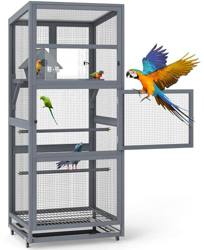 Coziwow 68 H Large Wood Bird Cage on Wheels, Outdoor Bird Aviary Indoor Wooden Large Bird Cage Parakeet Cage with Pull Out Tray and Feeder,Ideal for Small Birds,Finches,Parrots, Gray