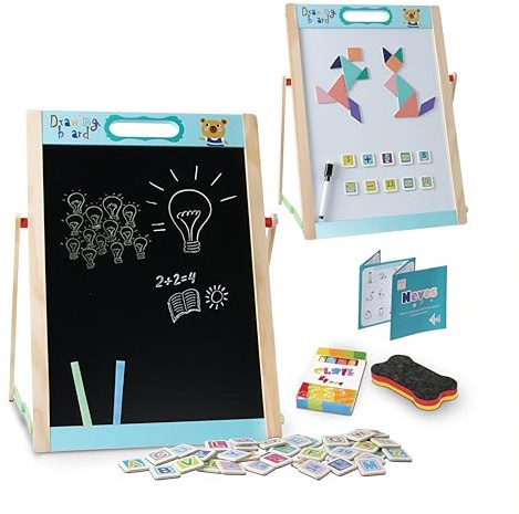 Embosomitr Easel Kids, Tabletop Chalkboard & Whiteboard Children, Stand Dry Erase Board Double Sided Desktop Drawing Board, Portable Art Easel with Magnets Letters and Numbers Gift for Boys Girls