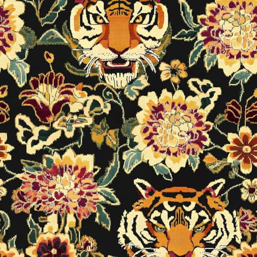 XRUIBZI Black Vintage Floral Tiger Peel and Stick Wallpaper 17.5 x 393 | Waterproof Vinyl Self Adhesive Removable Renter Friendly Animal Contact Paper