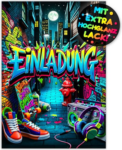 VULAVA 12x Graffiti EINLADUNGSKARTEN KINDERGEBURTSTAG Junge Mädchen - die frech bunten Street PARTY Karten sind die Graffiti EINLADUNG für Jungen Kinder GEBURTSTAG Neon KINDERPARTY Gaming Skateboard