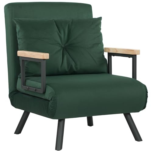 HOMCOM Single Chair Bed, Click Clack Convertible Bed Settee, Modern Velvet Feel Fabric Chair Couch with 1 Tufted Cushion, Wood Armrests, for Living Room, Bedroom, Guest Room, Green