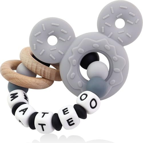 Personalized Baby Teether with Name - Custom Mouse Silicone Teether & Natural Wooden Ring for Boys & Girls - Handmade Unique Baby Shower Gift for Infants & Toddlers (Grey)