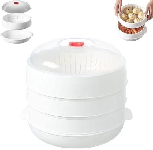 Microwave Oven Steamer, Single/Double Layer Microwave Oven Steamer With Lid and Tray, Separate Design with Drainage Layer, Easy to Clean for Cooking Dumplings, Vegetable, Food Cooking (3 Layer)