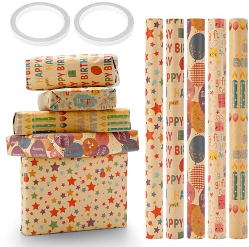 Papel Envolver Regalo Papel de Regalo Cumpleaños Papel de Regalo 5 Hojas 43 × 300 Cm Cumpleaños Resistente Reciclad Rollo Grande Reciclable para Todas Las Fiestas y Ocasiones Especiales