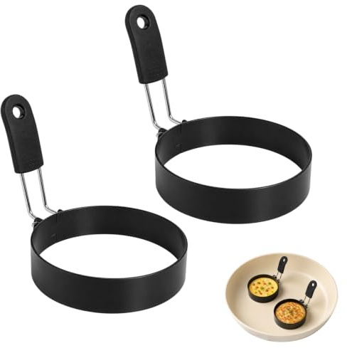 2 Aros para Huevos de Acero Inoxidable 9cm, Molde para Huevos Fritos con Asas Plegables Antiquemaduras, Anillos para Tortitas Antiadherentes, Molde Tortilla para Muffins, Panqueques y Panecillos