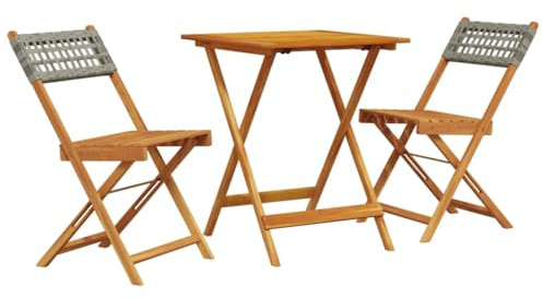 KKgypkn Set da bistrò in polyrattan grigio con legno massello di acacia, per balcone e giardino, 3 pezzi