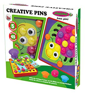 JAMARA 412723 Creativ Pins 52 TLG. Set A-5 Verschiedene Motivkarten. farbig sortierte Stecker, fördert motorische Fähigkeiten, Farben und Formen Lernen, praktische Kunststoffbox, bunt
