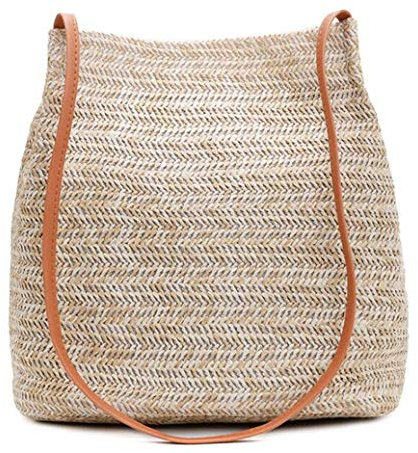 Hava Kolari Stroh Tasche Weben Tasche Schultertasche Handtasche Beuteltasche für Frauen Schultertasche mit magnetischem Schnallen und Kunstleder Griff (Brown)