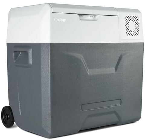MEDION mobile elektrische Kompressor Kühlbox (50L Kapazität, elektrisch, Mini Kühlschrank & Gefrierbox, USB, 230V 12V 24V KFZ Adapter, für Auto LKW Wohnwagen Camping Boot Garten Festival, MD13112)