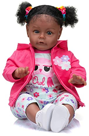 MineeQu 24 tum afroamerikansk Sue-Sue Naturtrogen Stor storlek Rotat lockigt hår Gosig kropp Reborn Baby Dolls i svart hud Realistiska Newborn Toddler Girl Dolls Presentset, för alltid din älskling