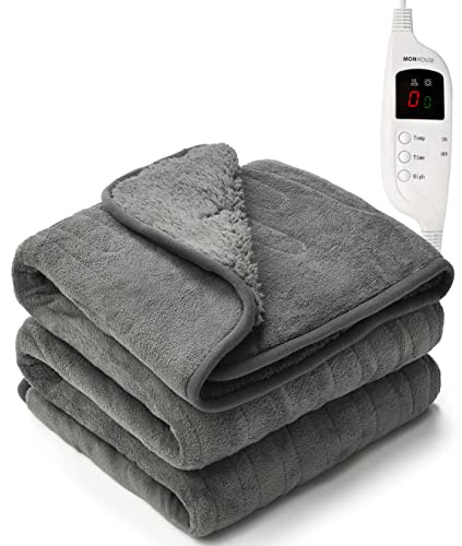 MONHOUSE 130X160 cm Soft Electric Sofa Blanket - Fleece Single Heated Throw With Digital Controller - Machine Washable Bed Throw, Timer up to 9 hours, 9 Heat Settings, Auto Shutoff - Dark Grey Sherpa