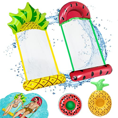 FORMIZON Hamac Gonflable Piscine, 2Pcs Flottant Hamac Gonflable avec 2Pcs Porte-Gobelet Flottant, Pastèque et Ananas Hamac d'eau, Chaise Longue de Piscine Flottantes Portable pour Piscine,Plage