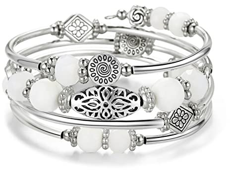 FULU AUTUMN Bracelet en Perles Argent pour Femmes Bracelet Enveloppant en Pierre Multicouches Un Cadeau de Bijoux Fantaisie pour Maman le Jour de Thanksgiving - Boîte Cadeau(Porcelain White)