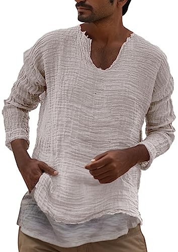 Mymyguoe T-shirt en lin à manches longues pour homme - Respirant - Couleur unie - Coton et lin - Manches longues - Col en V - Confortable et respirant - Pour homme