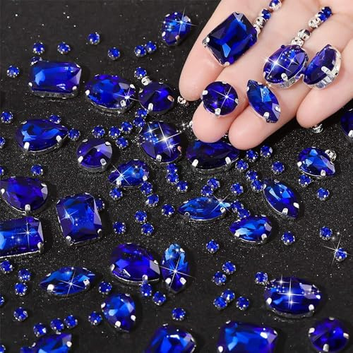 GEFIRE Strass a Coudre 186 Pcs Saphir Strass a Coudre Griffes en Métal Incrustées Bleu Vetement Diamant Cristal Pour vêtements de Bricolage Accessoires de Diamant Cousus à la Main