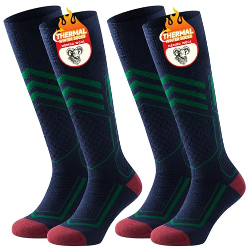 TANSTC 2 Paires Chaussettes Hiver Chaudes Coton Respirant Chaussette de Ski Hommes Femmes Longues Thermique Antidérapantes Chaussettes Coussin Hautes pour Ski Randonnée Cyclisme Equitation, Vert 39-42