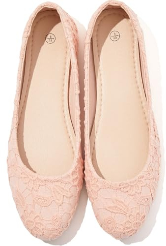Dress Shoes for Women Round Toe Flats Shoes Lace Ballet Flats Dressy Comfortable Foldable Flats Low Heel, Pink, 5
