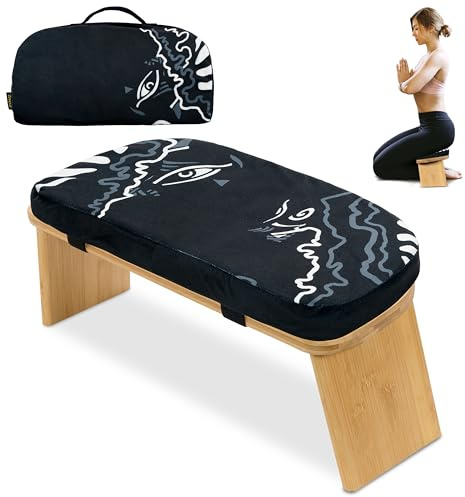 Zaveur Bamboo Meditation Bench with Cushion - Foldable Bench for Multiple Seating Angles - Kneeling Chair Meditation Stool - Yoga Chair Prayer Bench for Deeper and Longer Meditation - Black