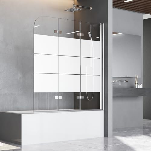 Duschwand für Badewanne 140 x 140 cm Badewannenfaltwand 3-teilig Gestreift Faltbar Duschtrennwand 6mm Nano Glas Silber Faltwand Duschabtrennung