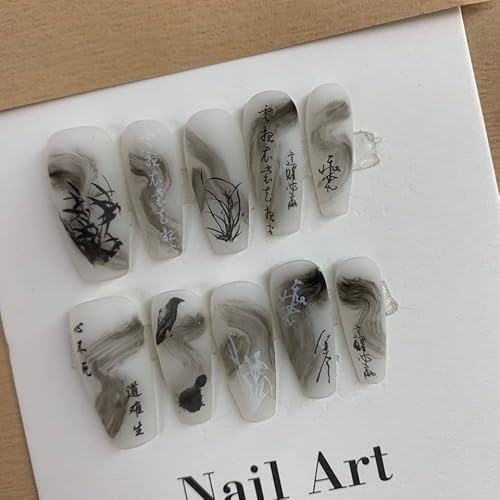 Chinese Style Wearing Chinese Fashion Ancient Ink Painting Orchid Scroll Handmade Nail Enhancement Patch 10PCS (Size : XS)