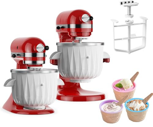Ice Cream Maker Attachment for KitchenAid Stand Mixer with 3 Ice Cream Cup Compatible with 4.5Qt and Larger Stand or Tilt Mixers, 2 QT Frozen Yogurt Gelato & Sorbet Ice Cream Bowl for Kitchenaid Mixer