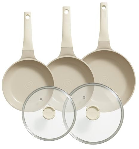 Redchef 5-teiliges Pfannenset Bratpfannen Induktion, Antihaft Keramik Pfannen Set, Pfannen 20/24/28 cm, 24/28cm Mit Deckel für alle Herdarten, PTFE-frei PFAS-frei PFOA-frei, Spülmaschinenfest Beige