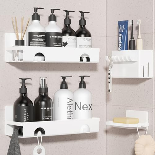 CHARYJOD Shower Caddy 4 Packs, Adhesive Bathroom Shelf No Drill, Bathroom Storage Rack with Hooks, Soap Razor Toothbrush Holder, Kitchen Organiser Shower Accessories White